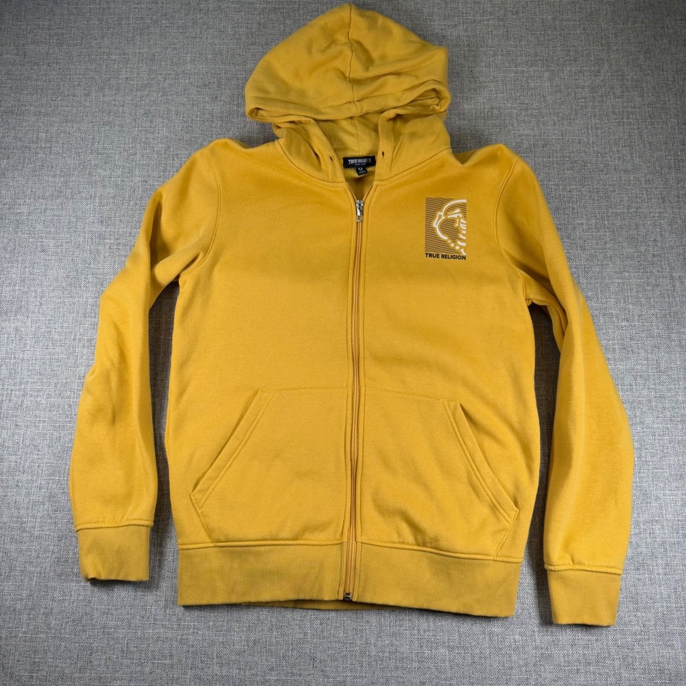 True Religion Mens Half Buddha Graphic Full Zip Hoodie Mustard Yellow Medium